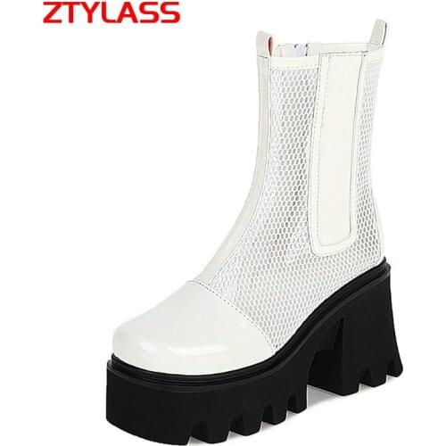 Women Patent Leather Ankle Boots Summer Hollow Breathable Mesh Boots Fashion Slip On Thick High Heel Platform Short Boots