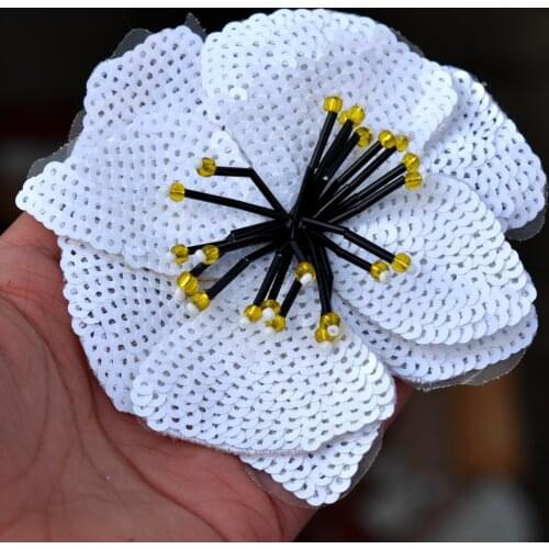 Handmade beads embroidery flower white Sequins patch cloth decorated with DIY auxiliary material large repair hole applique