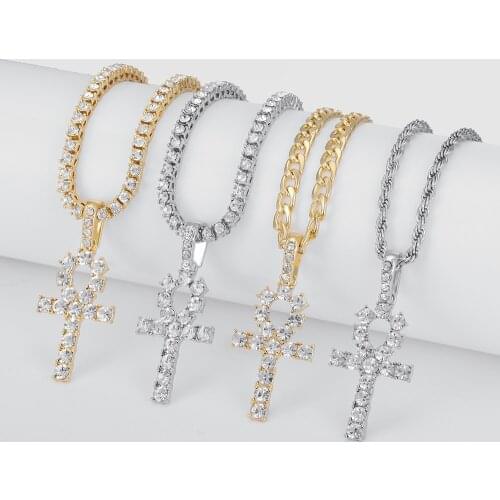 2021 Iced Out Ankh Cross Pendant Necklace Choker Chain Necklace Women Hip-Hop Jewelry For Men Tennis Chain Fashion Link Gift