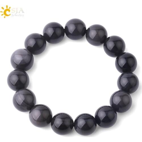 CSJA Natural Stone Ice Rainbow Eye Obsidian Men Bracelets 6 8 10mm Round Bead Meditation Elastic Bracelet for Women Jewelry F906