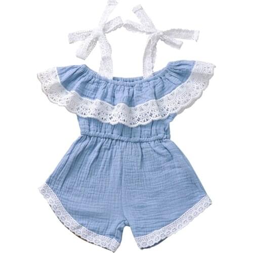 2021 Summer Baby Girl Sweet Romper Newborn Clothes Toddler Flare Sleeve Solid Lace Design Jumpsuit With Headband Costume