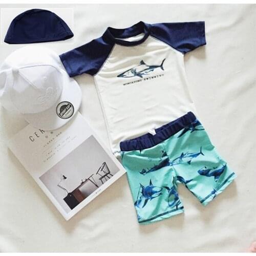 XINBAO 12M-9T Children swimsuit 3pcs set hat+ t shirt+ pants boy boys cute vacation suntan bathing suit swimming cap old babies