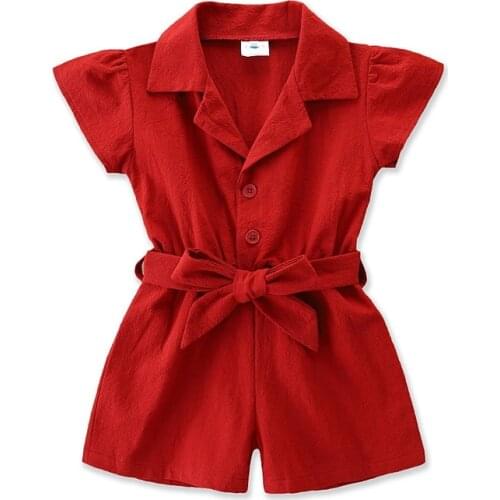 FOCUSNORM 1-6Y Summer Fashion Infant Girls Jumpsuits Solid Ruffles Short Sleeve Single Breasted Rompers With Belt