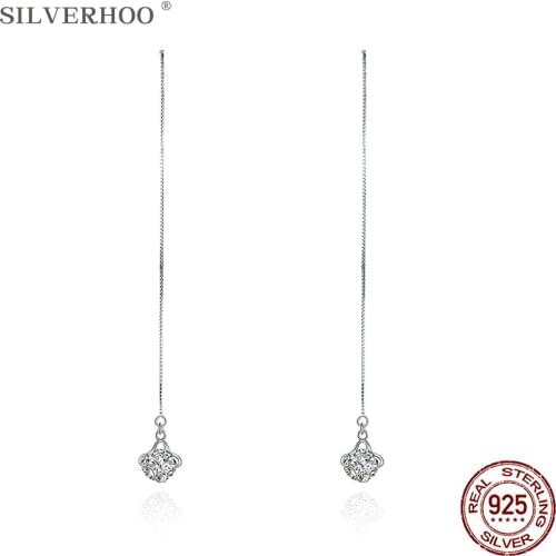 SILVERHOO 925 Sterling Silver Long Tassel Flower Shape Drop Earring Clear Round 5A Cubic Zirconia Earrings Women Fine Jewelry