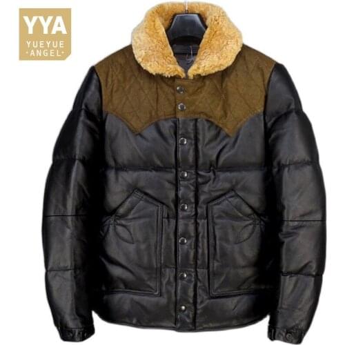 Warm White Duck Down Jacket Men Winter Thicken Genuine Leather Down Coat Vintage Splice Wool Collar Cowhide Motorcycle Jackets