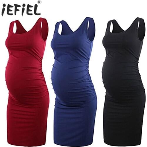 Summer Maternity Women Dress Pregnancy Dresses Mama Clothes Slim Fit Side Ruched Round Collar Pregnant Women Vest Dress Clothing