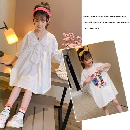 Summer Girls Clothes Cartoon Girls Dresses Big bowknot Loose V-neck Casual Front and back Wear One-pieces Princess Dresses 9 11T