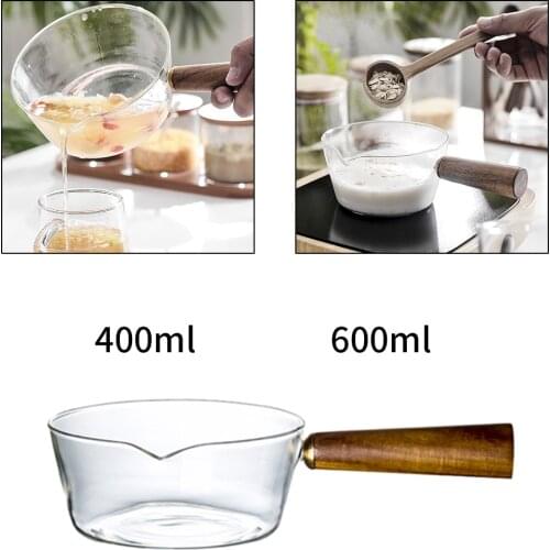 Multi-functional Glass Sauce Pan Non-stick Milk Pan Butter Warmer Pot Wood Handle Stovetop Pot for Soup Milk Baby Food Make Tea