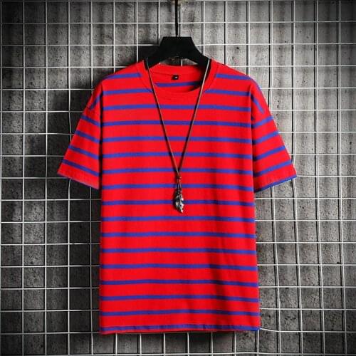 New Mens Summer Cotton Striped Embroidery Short-sleeved T-shirt Fashion Men Striped Slim Fit Tshirt Clothing Summer Streetwear