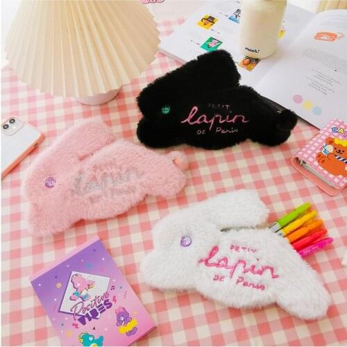 Rabbit Student Plush Pencil Case Girls Cosmetic Case Holder Flannel Soft Storage Pouch Bag Kawaii Pen Box Cute Embroidery Pocket