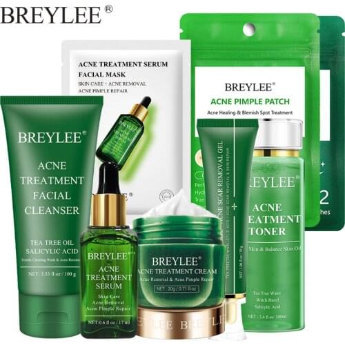 BREYLEE Acne Pimple Treatment Repair Set Tea Tree Serum Anti-Acne Shrink Pores Kit Whitening Moisturizing Face Skin Care Cream