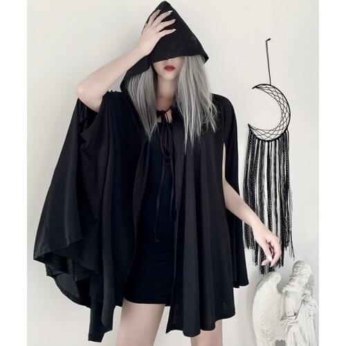 New Autumn Winter Women Black Cloak Loose Tops Gothic Clothing Punk Style Dark Streetwear Casual Outwear for Lady