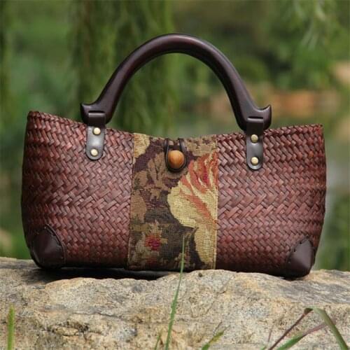 32x12CM Original Chinese Style Features Handmade Old Straw Bag Rattan Woven Wooden Handle Retro Handbag a6103