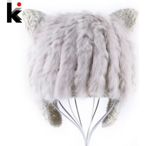 Autumn Winter Womens Knitted Caps Cute Rabbit Fur beanie Hats With Ears Family Matching Outfits Women Hat Knitting Earflaps Cap