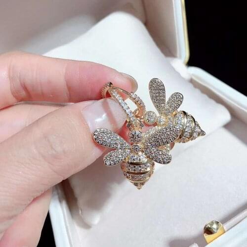Cubic zirconia pave gold plated hoop earrings bee charm eardrop jewelry