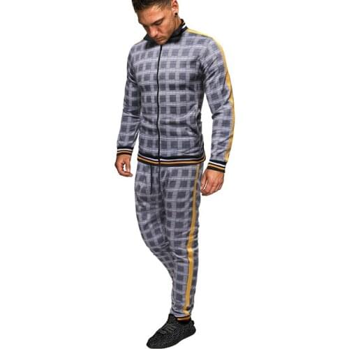 Tracksuit men spring autumn fashion Plaid tracksuit casual 2 Pieces Sets Mens jacket+pants mens sportswear men clothing