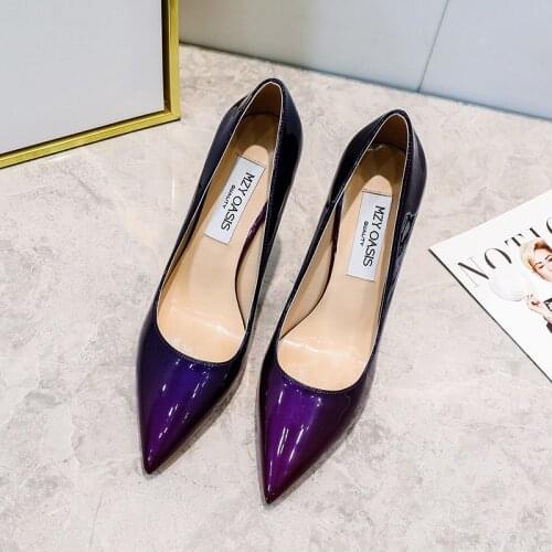 Gradient Color Patchwork Patent Leather Heel Shoes 12CM Thin Heel Dress Pumps OL Ladies Daily Footwear Party Shoes