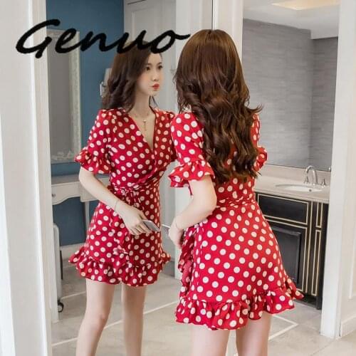 Genuo New 2019 Summer Vintage Red Polka Dot Dress V-neck Strap Holiday Dresses Female Beach Vestidos