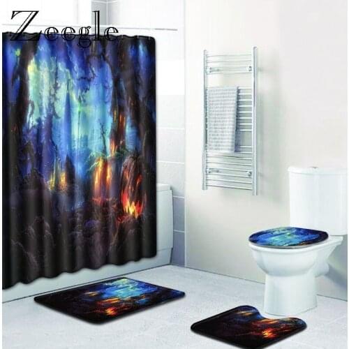 Zeegle Halloween Bath Mat Set for Toilet Decor Non-slip Pedestal Rug Lid Toilet Cover Toilet U Type Mat Polyester Shower Curtain