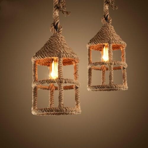 Nordic iron LED pendant lights loft industrial lighting hemp rope lantern retro bar living room lamp kids castle lights LB123011
