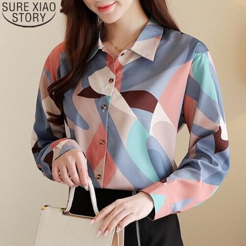 2021 Autumn Korean Fashion Harajuku Shirts Women Blusas Mujer De Moda Womens Tops and Blouses Print Shirt Loose Ladies Top 10745