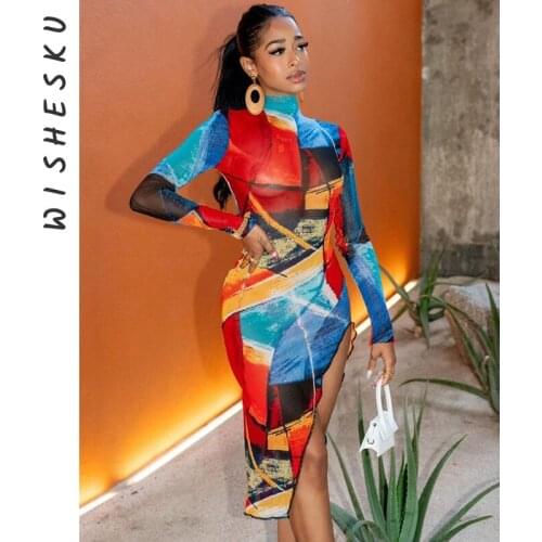 Women Sexy Long Sleeve Party Midi Dresses Turtleneck Irregular Clubwear Skinny Dress 2021 Autumn Fashion Print Bodycon Robe