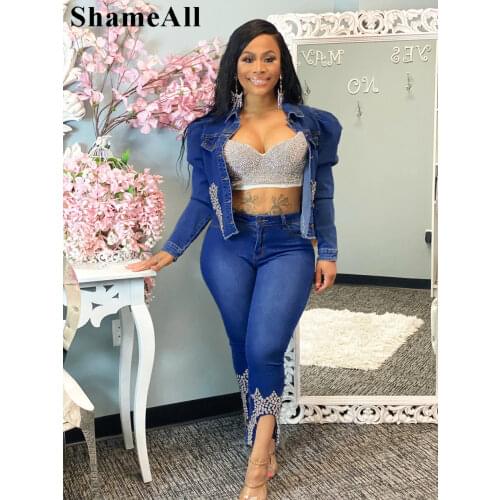 Plus Size Rhinestone Beading 2 two pieces jeans suits 4XL long sleeve bomber denim jackets ankle length pants Tracksuit Outfits