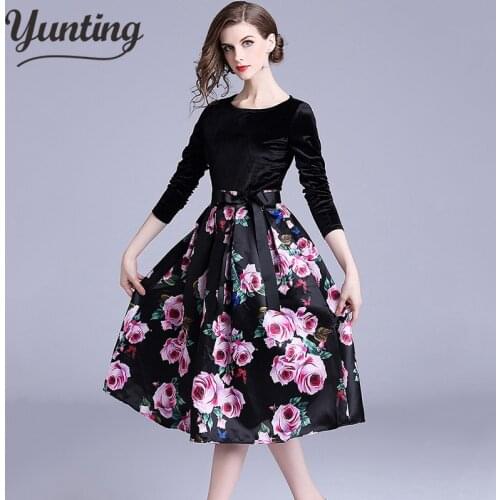 High Quality 2021 Big New Fashion Flower Printing Long-Sleeved High Waist Slim Dress Casual Leisure Temperament Ladies