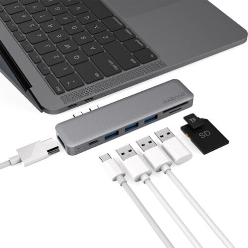 7-in-1 Multiport Hub with Dual USB-C Connectors 4K Video HD Output Port SD/TF Card Reader USB 3.1 Type-C Port and USB 3.0 Ports