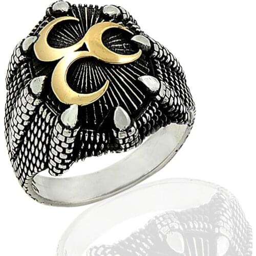 925 Silver Three Crescent Printed Tribal Turkish Ring