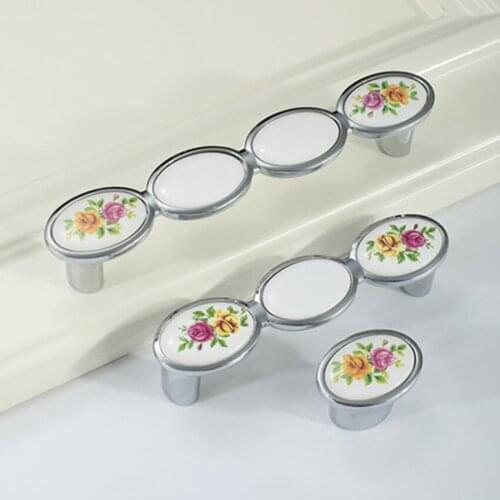 96 128mm Fashion Rural Printed ceramic Kitchen cabinet wardrobe furniture handle white chrome cupboard tv cabinet drawer knob 5"