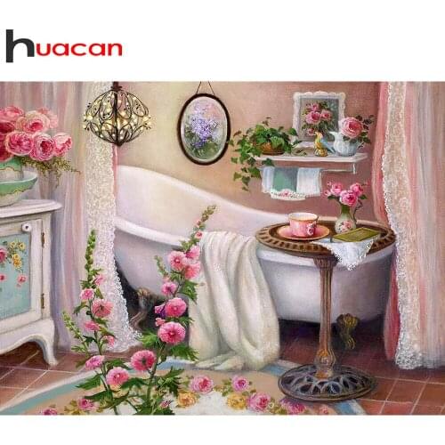Huacan DIY Diamond Mosaic Embroidery Bathroom 5D Diamond Painting Landscape Paintings For Interior Needlework Home Decor