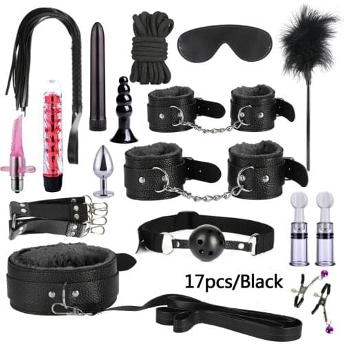 BDSM Bondage Sex Toys for Adults Handcuffs Nipple Clamps Whip Mouth Gag Butt Plug Dildo Vibrator Bondage Set for Adulto Sex Shop