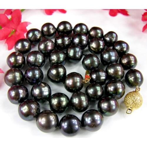 Large 9x10mm Black Baroque Shape Cultured Freshwater Pearl Bead Necklace Choker 17"