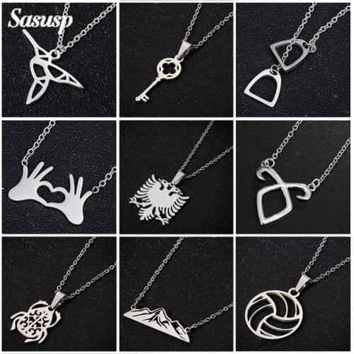 Sasusp Stainless Steel Albanian-Eagle Lucky-Key Beetle Horse-shoe Sweater Chain Necklace Women Vintage Choker Necklaces Gift