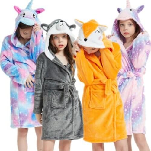 New Childrens Flannel Baby Bathrobe Long Sleeve Hooded Kids Sleepwear Boys Girls Nightgowns Unicorn Sleep Robe 3-11Y