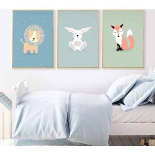 Baby Lion Bunny Fox Woodland Animal Wall Art Canvas Poster Cartoon Painting Decoration Picture Nordic Kids Boy Bedroom Decor