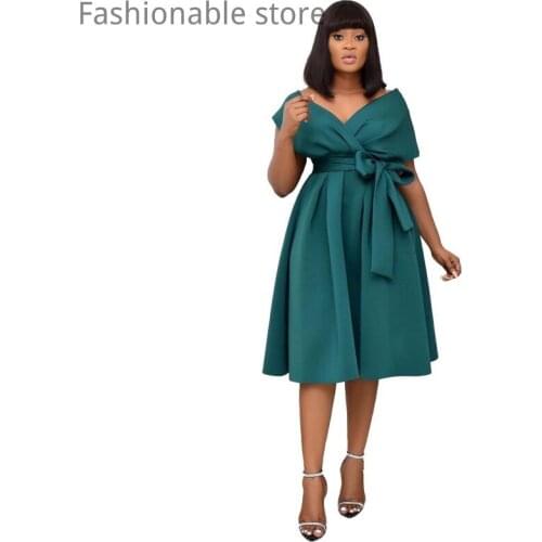 Women Elegant Solid Color Deep V Neck Big Swing Party Dress with Belt