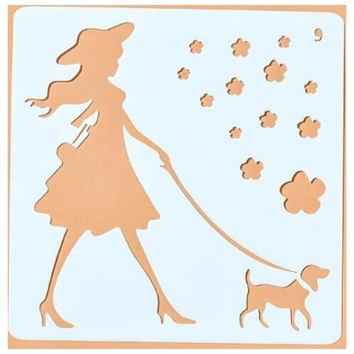 Stencil Bullet Journal Openwork Beautiful Girl And Dog Painting Template Material Engraving Scrapbooking Album Decor Reusable