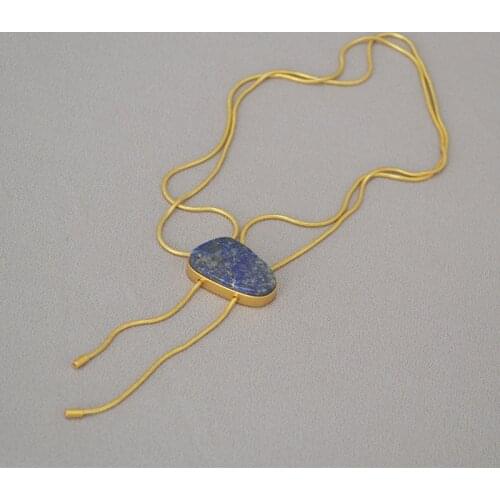 European and American retro brass simple geometric stone lapis lazuli long necklace sweater chain length adjustable female