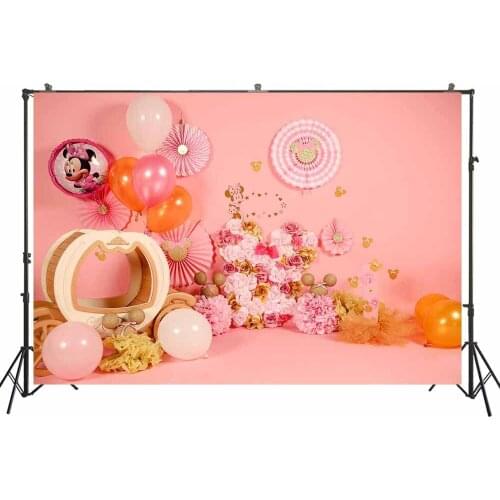 Girl First Birthday Photography Background Baby Birthday Cake Smash Photoshoot Backdrop Props Pumpkin Carriage Pink Banner