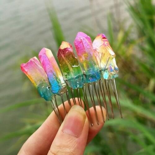 Gradient Ombre Rainbow Raw Quartz Hair Comb Contrast Colored Imitation Crystal Stone Wedding Tiara Ponytail Clip Hairpin