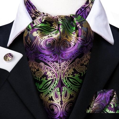 Hi-Tie Luxury Paisley Cravat for Men Purple Green Pocket Square Cufflinks Ascot Scarf Tie New Mens Casual Ascot Cravat Tie Set