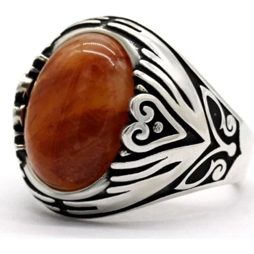 Trendy Retro Natural Quartzite Stone Rings for Men 925 Sterling Silver Oval Gemstone Ring With Exquisitely Carved Jewelry Gift