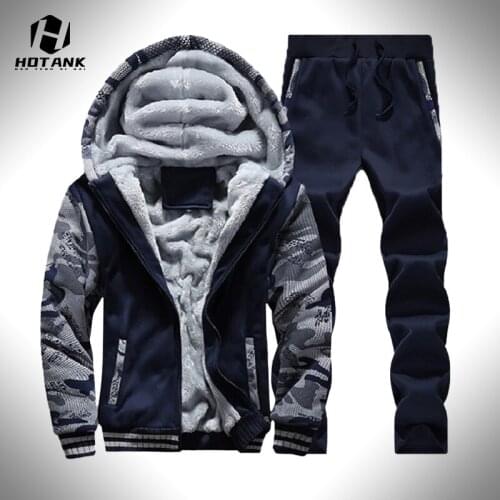 Winter New Men Tracksuits Sets Camo Hooded Jacket Fleece Warm Sportswear Lined Thick Track Suit 2 Piece Sets Mens Clothing