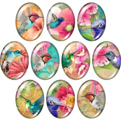 Beauty Flowers Hummingbird birds 10pcs 13x18mm/18x25mm/30x40mm mixed Oval photo glass cabochon demo flat back Jewelry findings
