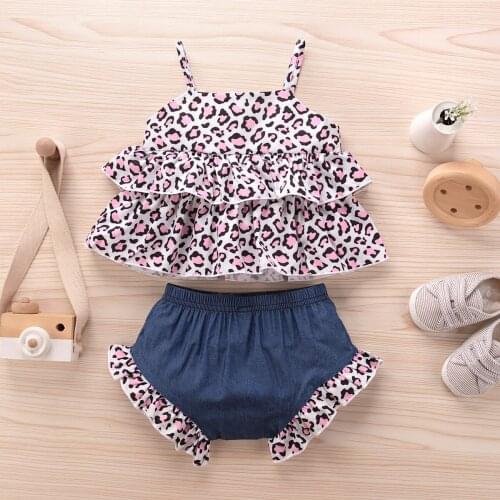 2Pcs Baby Newborn Girls Summer Outfits Leopard Print Spaghetti Strap Sleeveless Tops Elastic Waist Jeans Shorts Set 6-24 Months