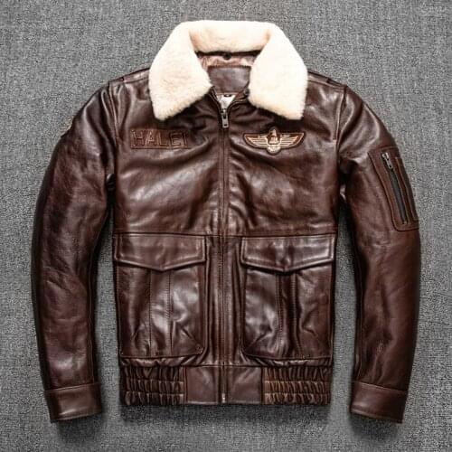 Oil Wax Top layer Cowhide Jacket Mens Genuine Leather Flight Jacket Fur Collar Coat Large Size Winter Cowhide Jacket