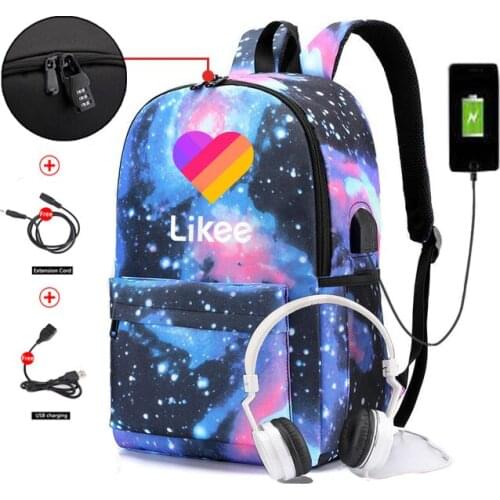 Russia Likee App "LIKEE 1 (Like Video)" Men Anti-theft Backpack USB Charging Bags Heart Cat School Bags for Teenage Girls