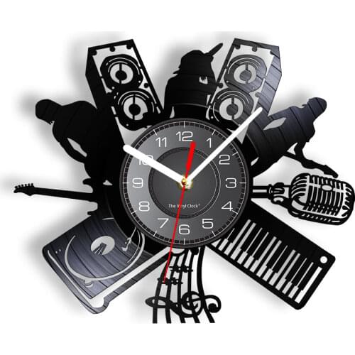 Vinyl Music Record Wall Clock Microphone DJ Music Band Melody Singer Rock Band Jazz Band Music Instruments Vintage Clock Watch